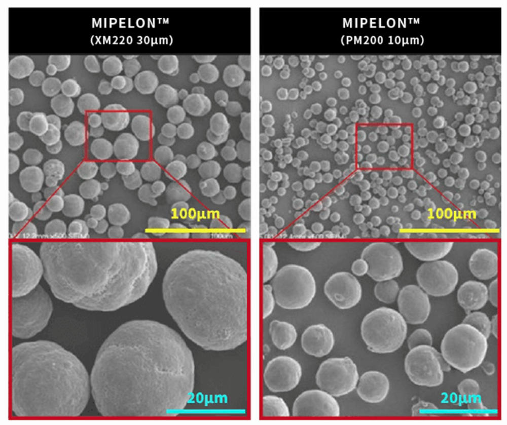 超高分子量ポリエチレン粒子のSEM（左：未処理／右：HiGlide処理）